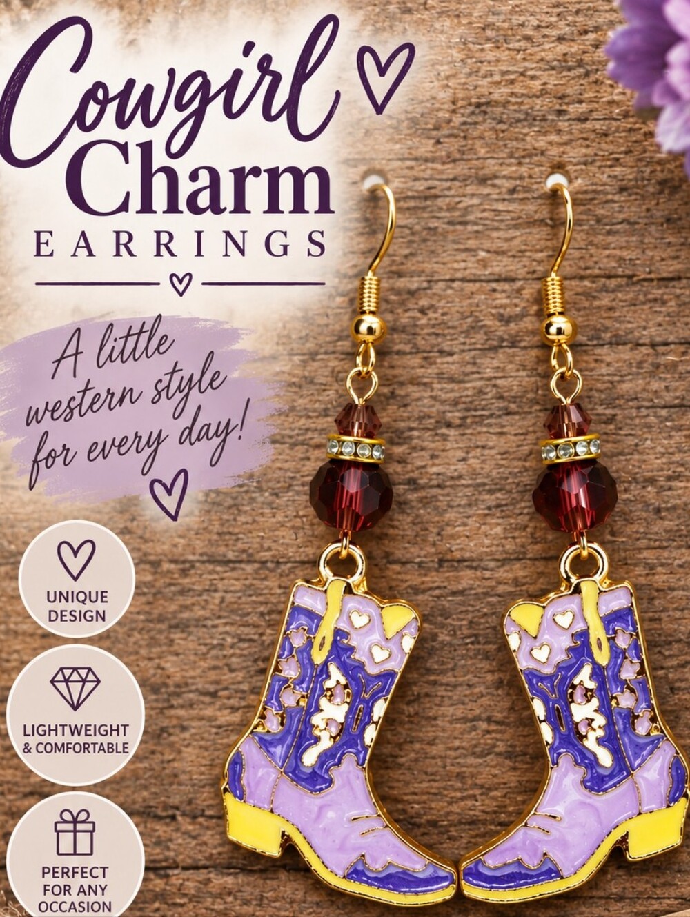 A90. Cowgirl Boot Earrings Western Purple & Gold NWT - Picture 1 of 5